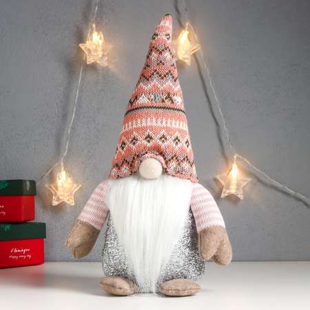 Кукла интерьерная Зимнее волшебство «Дед Мороз светящийся нос в розовом колпаке с узорами» 33х17х12 см