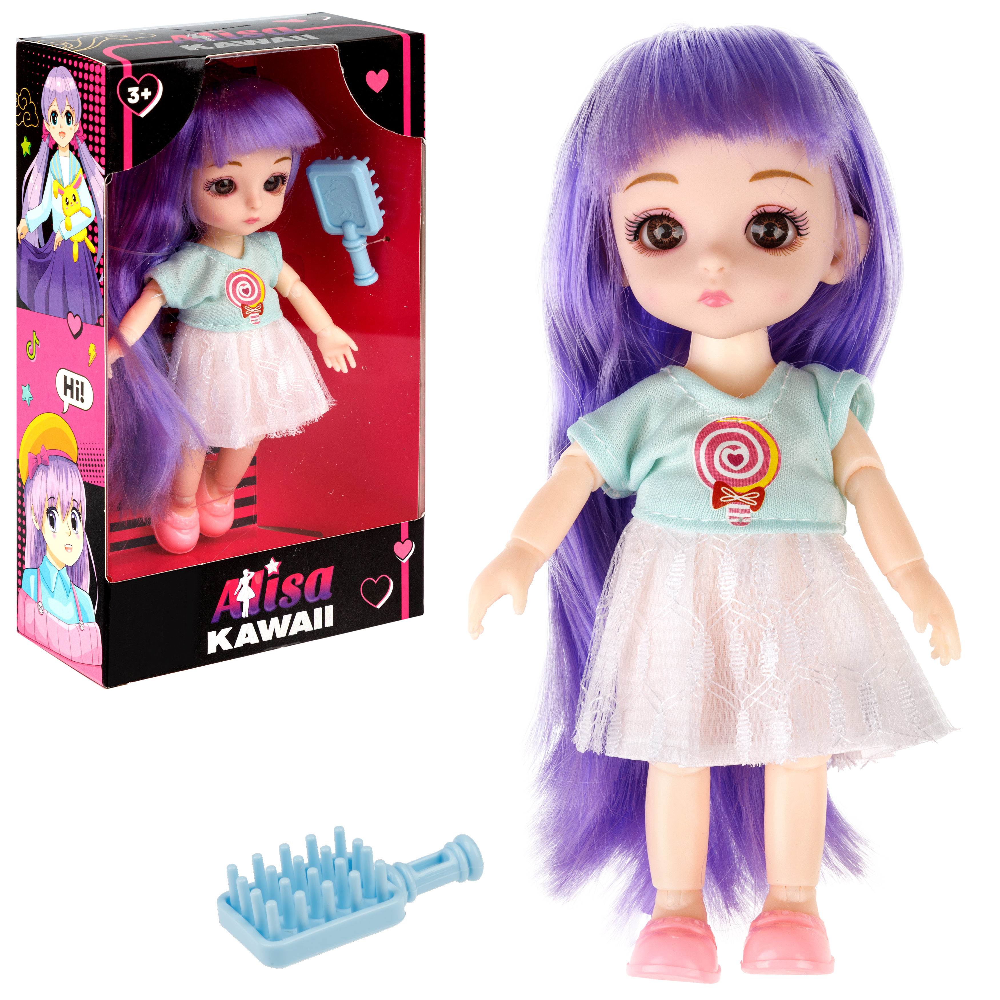 Кукла шарнирная 15 см 1TOY Alisa Kawaii mini с фиолетовыми волосами и расчёской Т24352 - фото 8