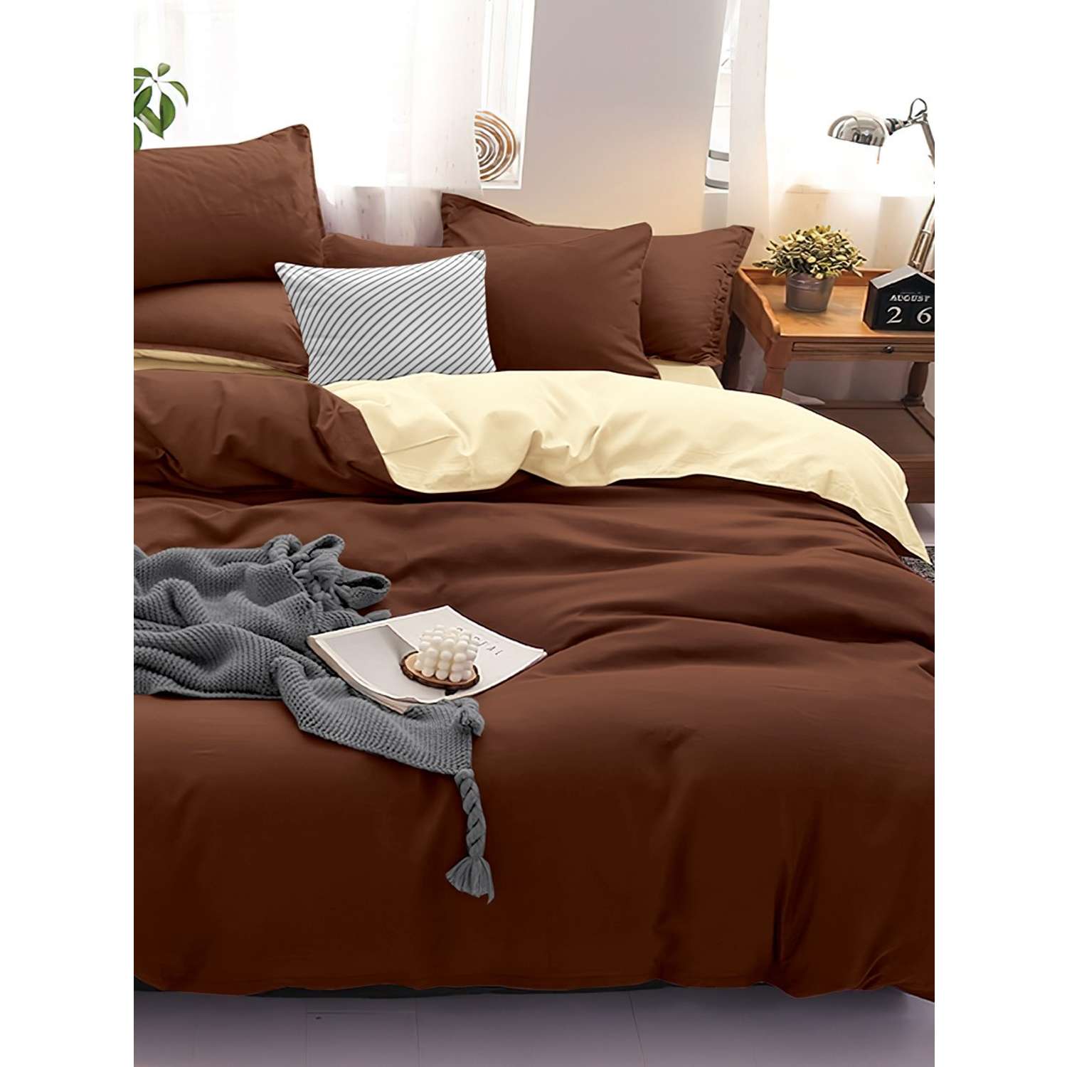 Комплект постельного белья PAVLine Манетти полисатин Евро шоколад/бежевый S52 - фото 2