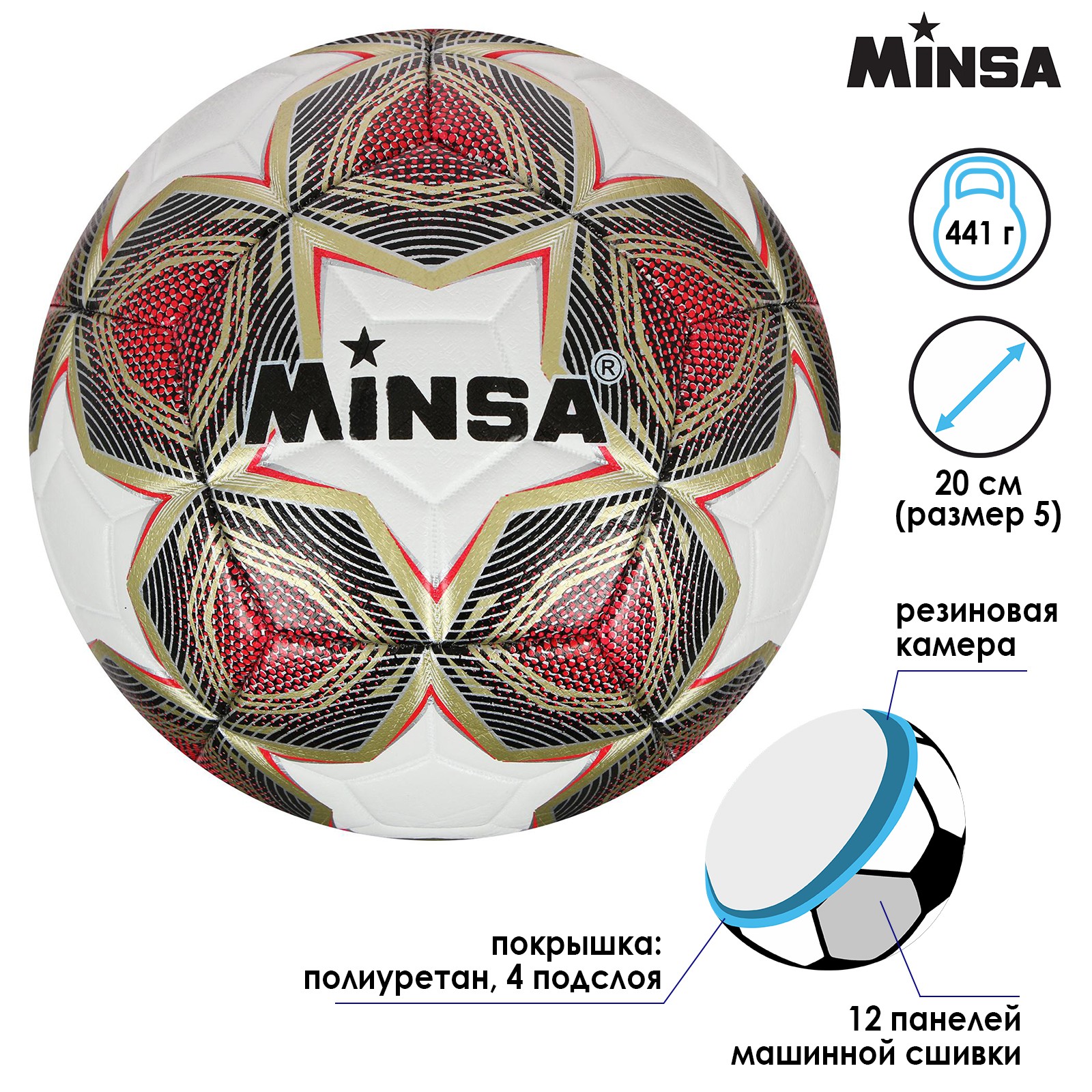 Мяч MINSA футбольный PU. машинная сшивка. 12 панелей. размер 5. 441 г - фото 2