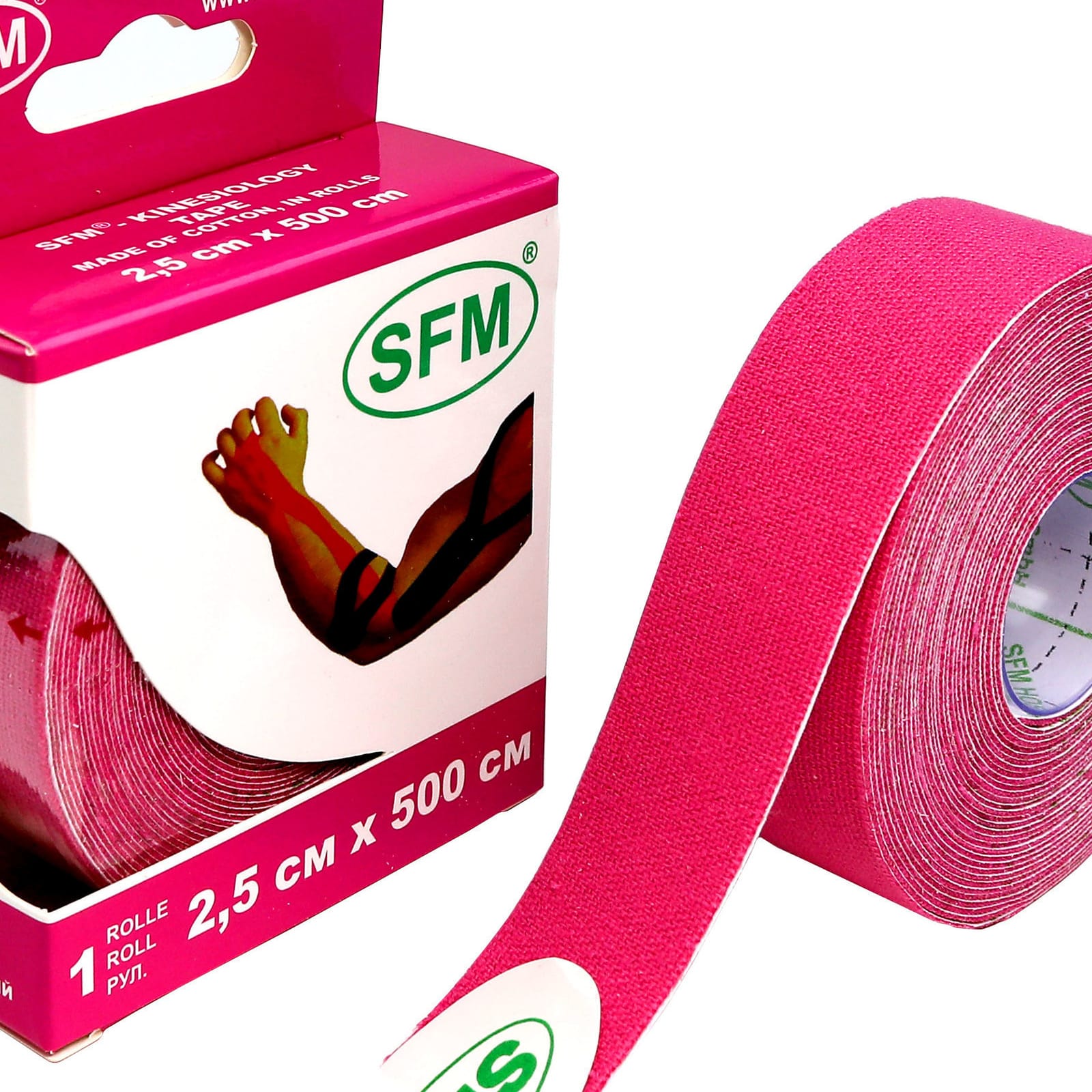 Кинезиотейп SFM Hospital Products Plaster на хлопковой основе 2.5х500 см розового цвета в диспенсере - фото 2