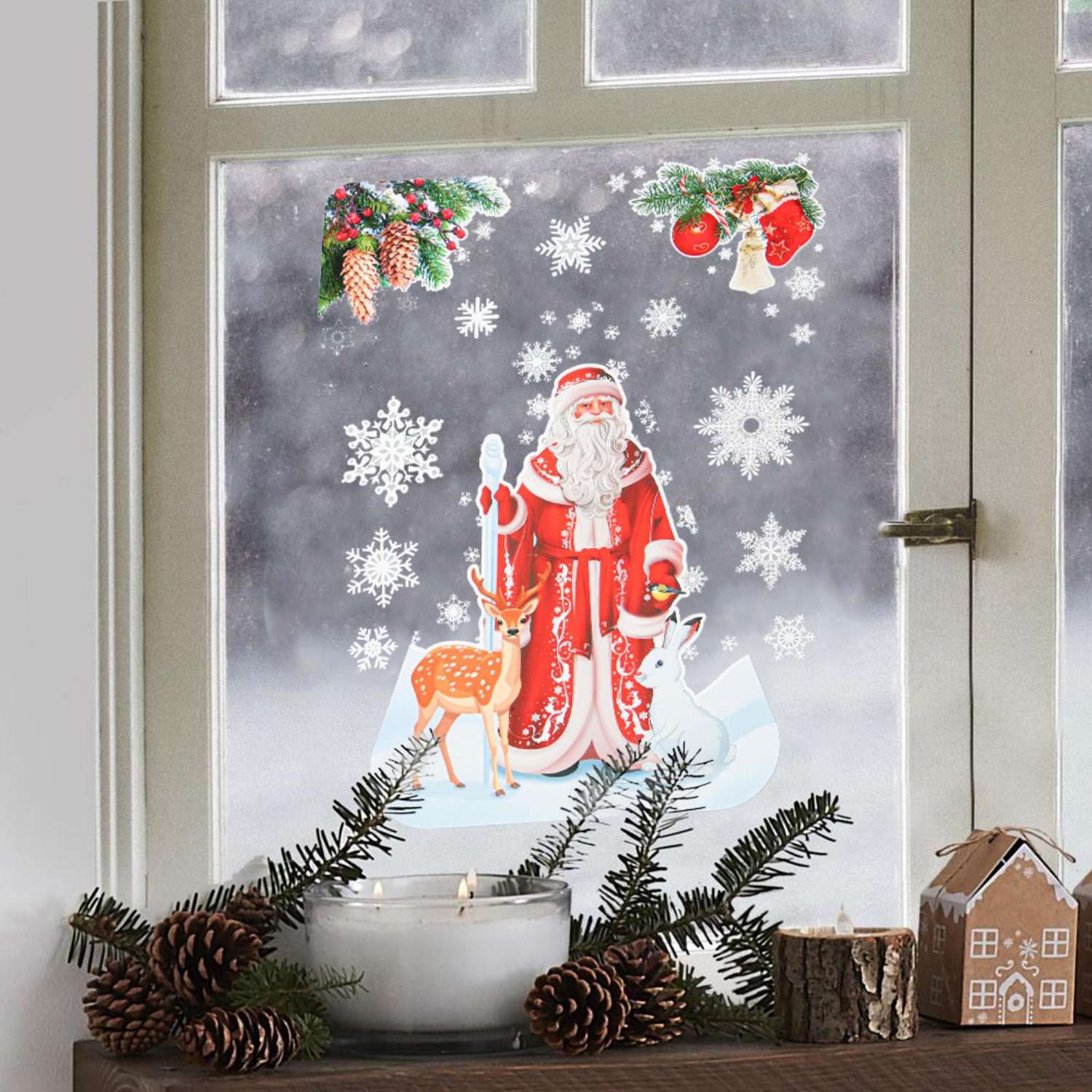 Набор наклеек новогодних Sima-Land «Дед мороз и снежинки» вырубная 40 х 30 см - фото 3