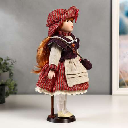 Кукла коллекционная Зимнее волшебство керамика «Ульяна в полосатом платье с передником» 40 см