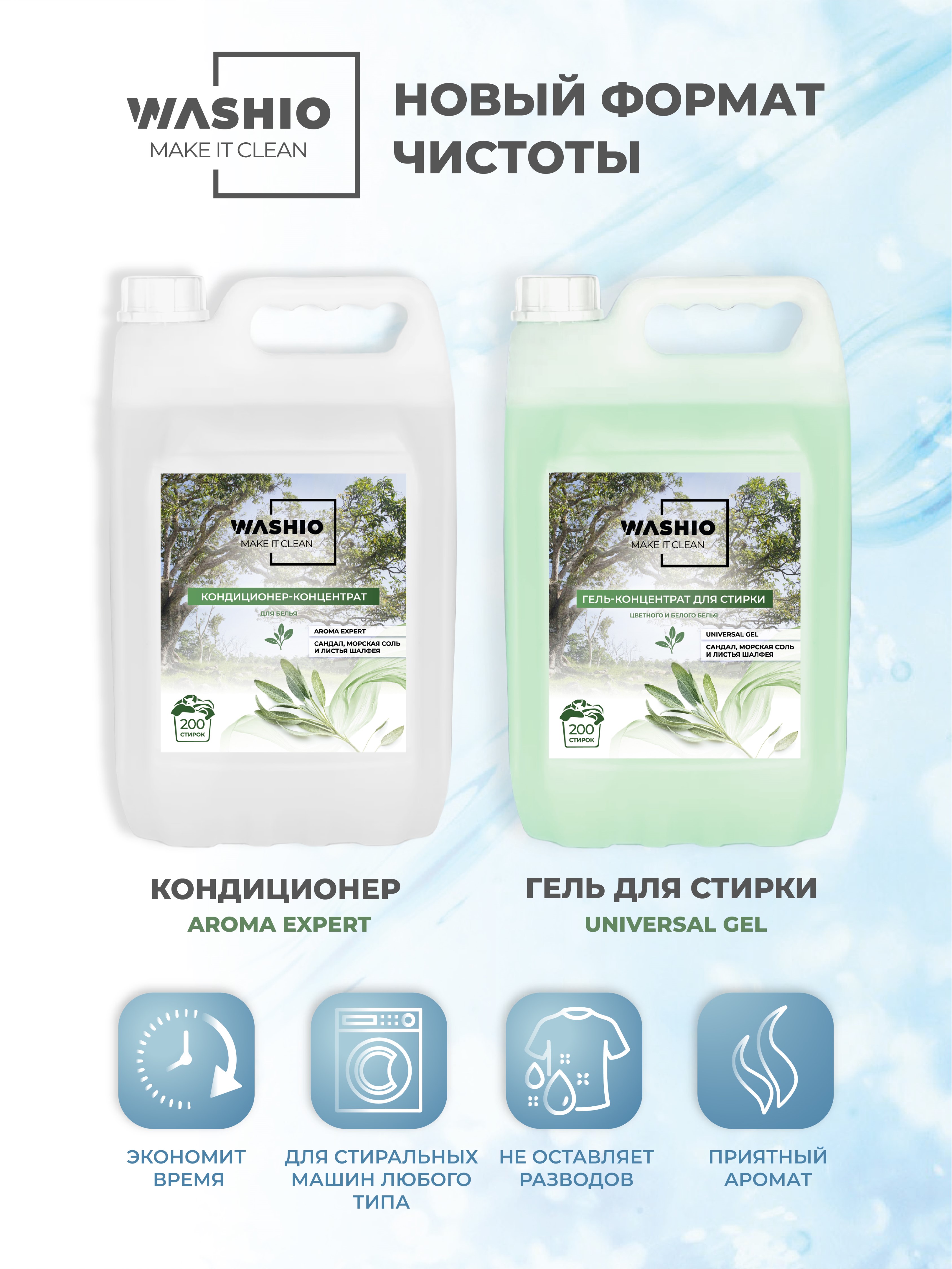 Кондиционер-концентрат для белья WASHIO Aroma Expert сандал морская соль и листья шалфея 5л - фото 7