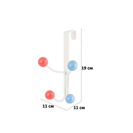 Вешалка El Casa на дверь 11х11х19 см Белая с 4 крючками с цветными пластиковыми шариками красными синими