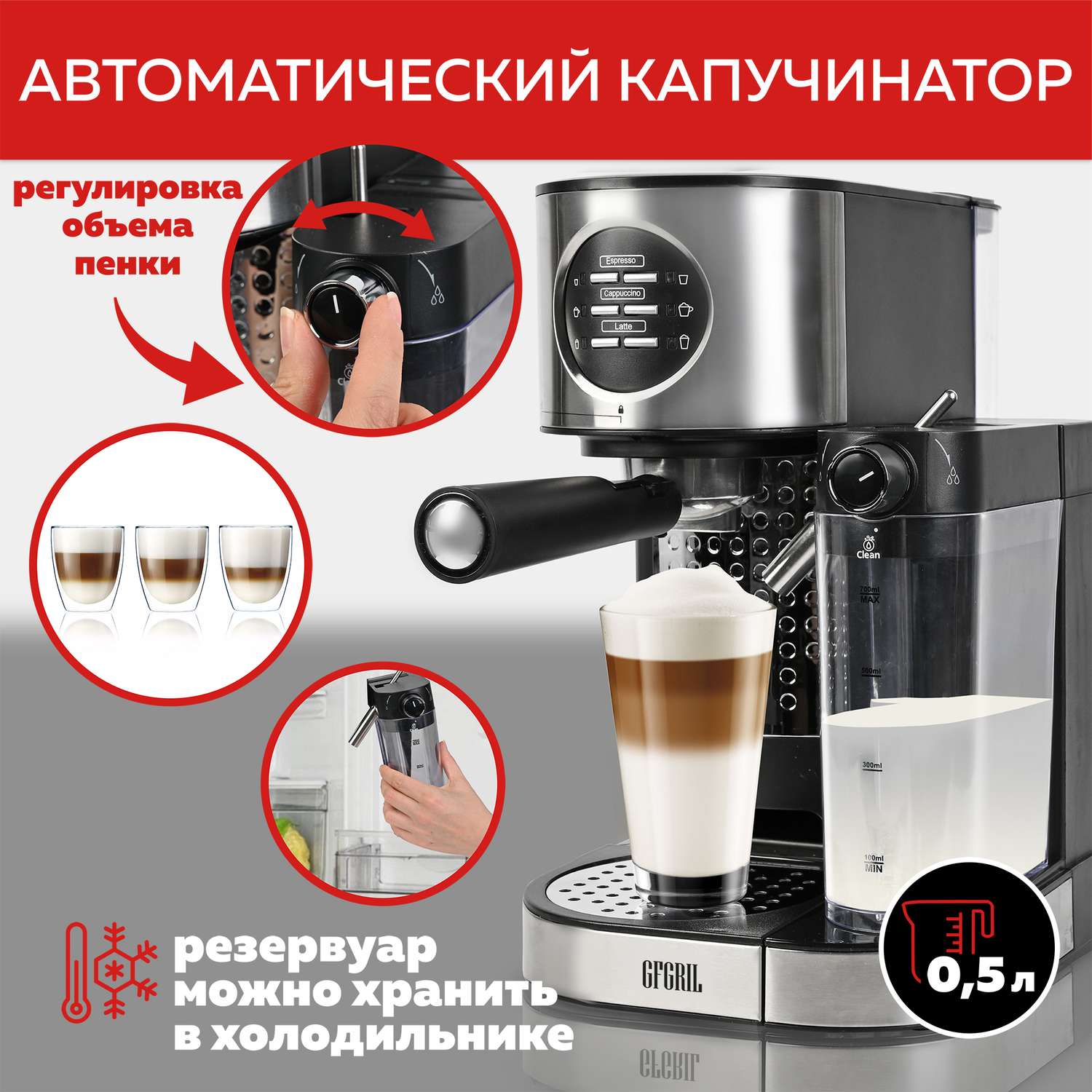Кофеварка GFGRIL С автоматическим капучинатором 3 в 1 GFC-A300 Эспрессо-Капучино-Латте - фото 3