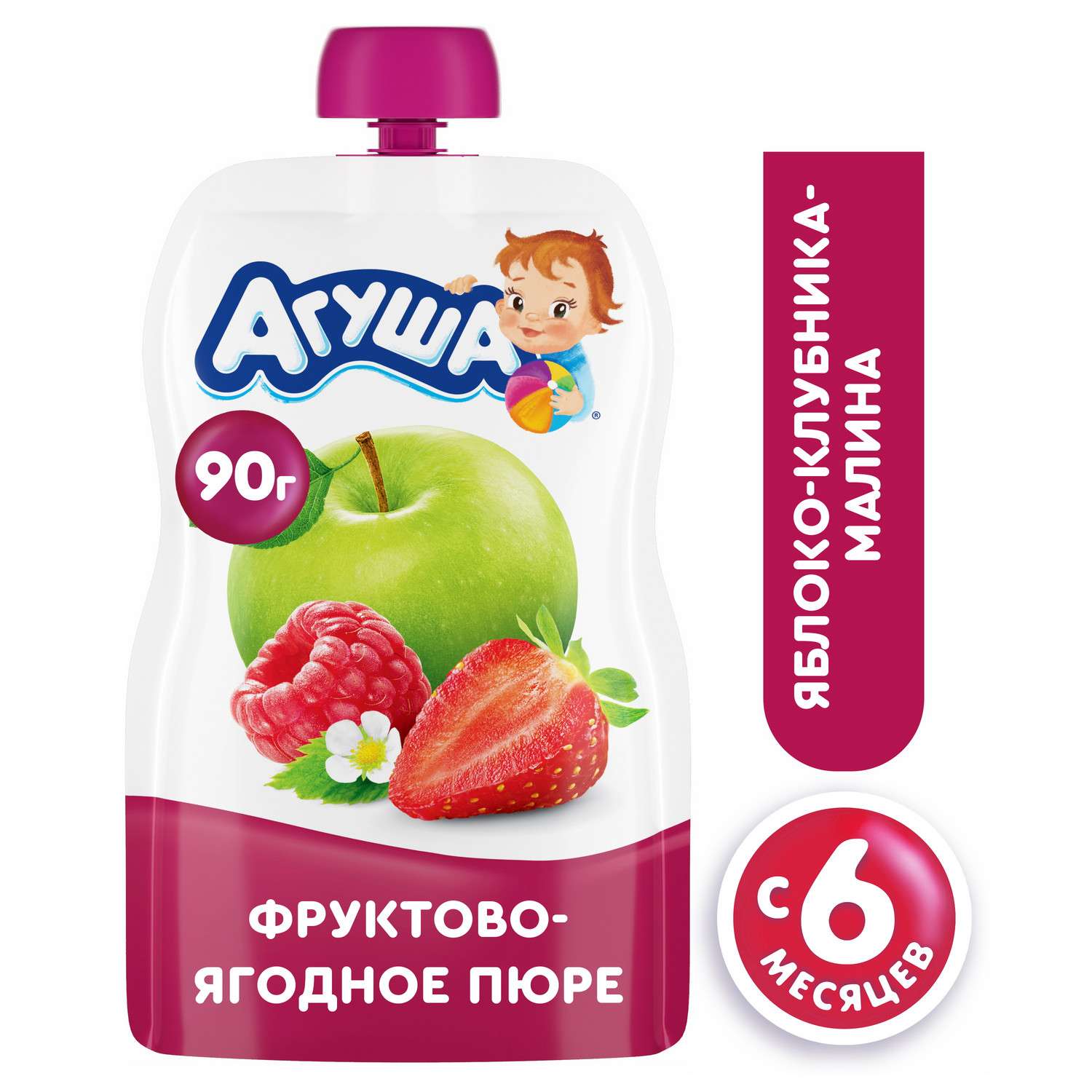 Пюре Агуша яблоко-клубника-малина 90г с 6месяцев - фото 1