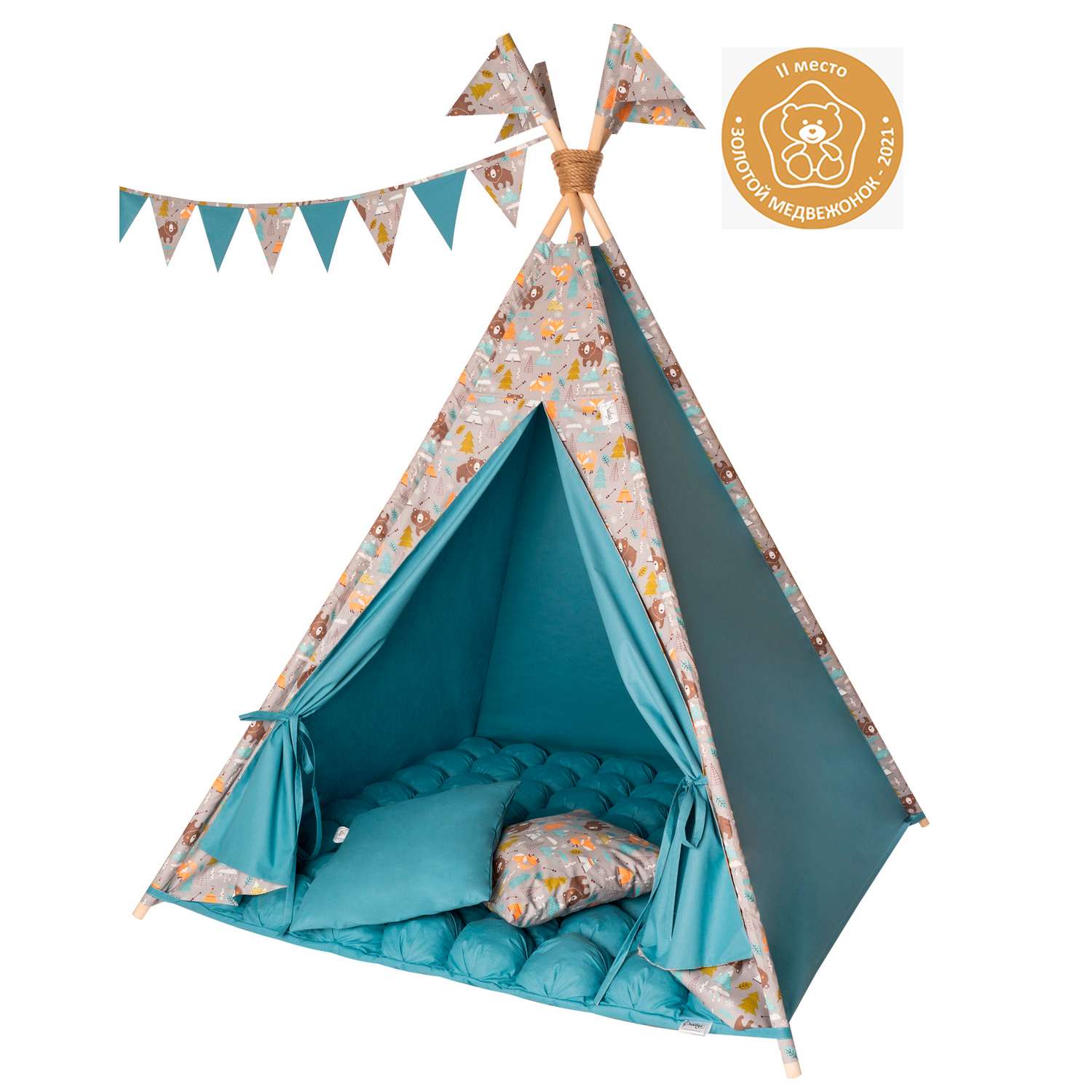 Детская игровая палатка вигвам Buklya Медведи с ковриком бон-бон цв. серый / индиго - фото 2