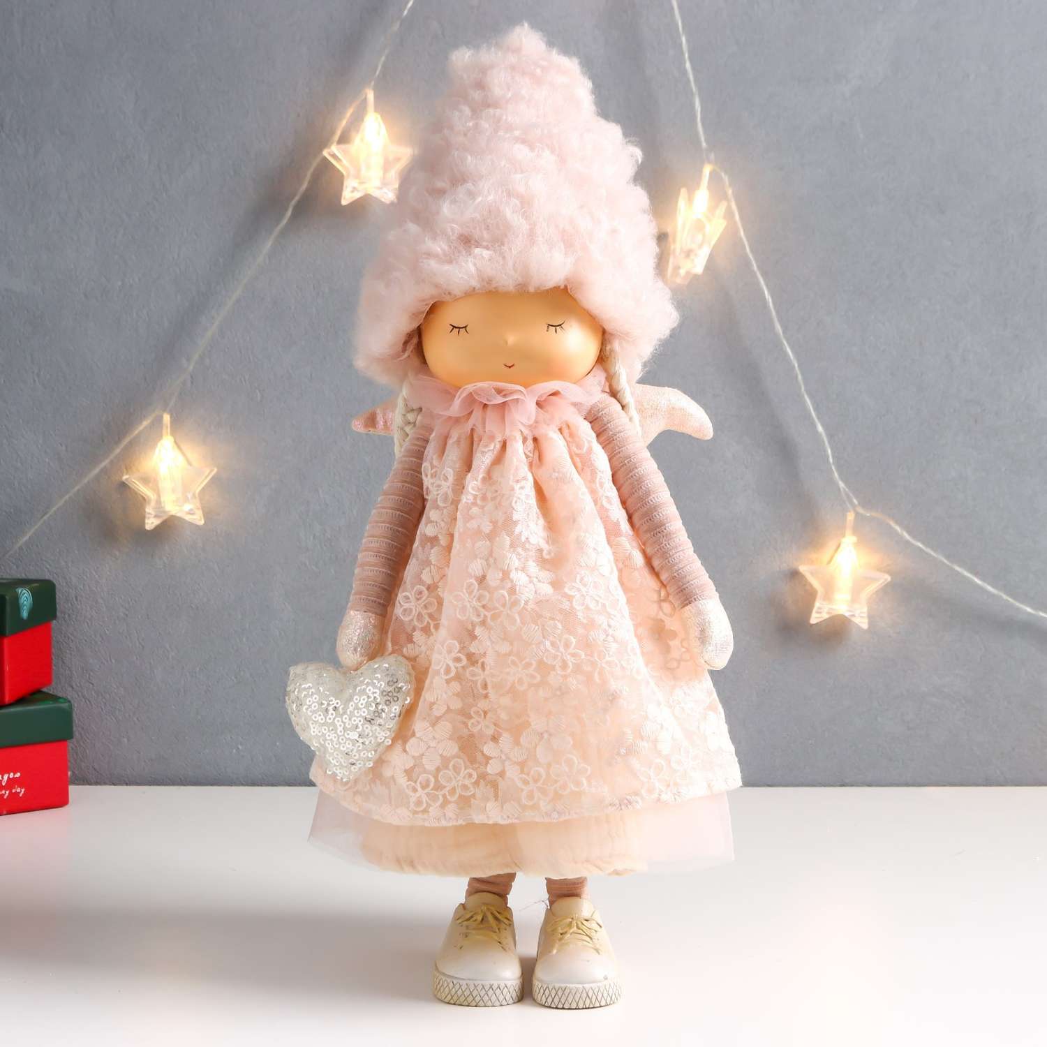Кукла интерьерная Зимнее волшебство «Девочка в розовом платье и шапочке с сердечком» 16х13х42 см - фото 1