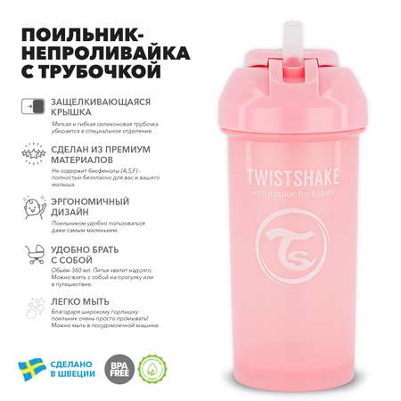 Поильник-непроливайка Twistshake с трубочкой Пастельный розовый 360 мл 6 мес+