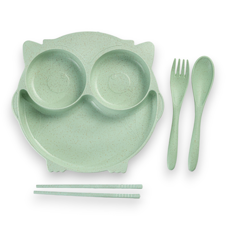 Набор детской посуды Добрый Филин Детская тарелка вилка ложка Совушка зеленая 4 предмета