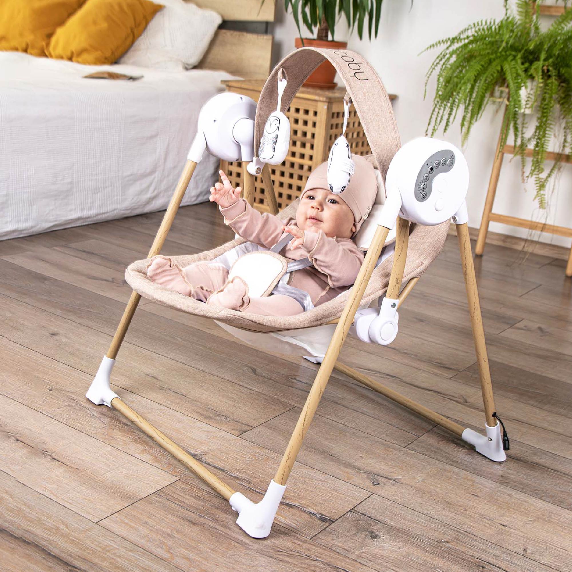 Электронные качели AmaroBaby WOODEN SWING бежевый - фото 16