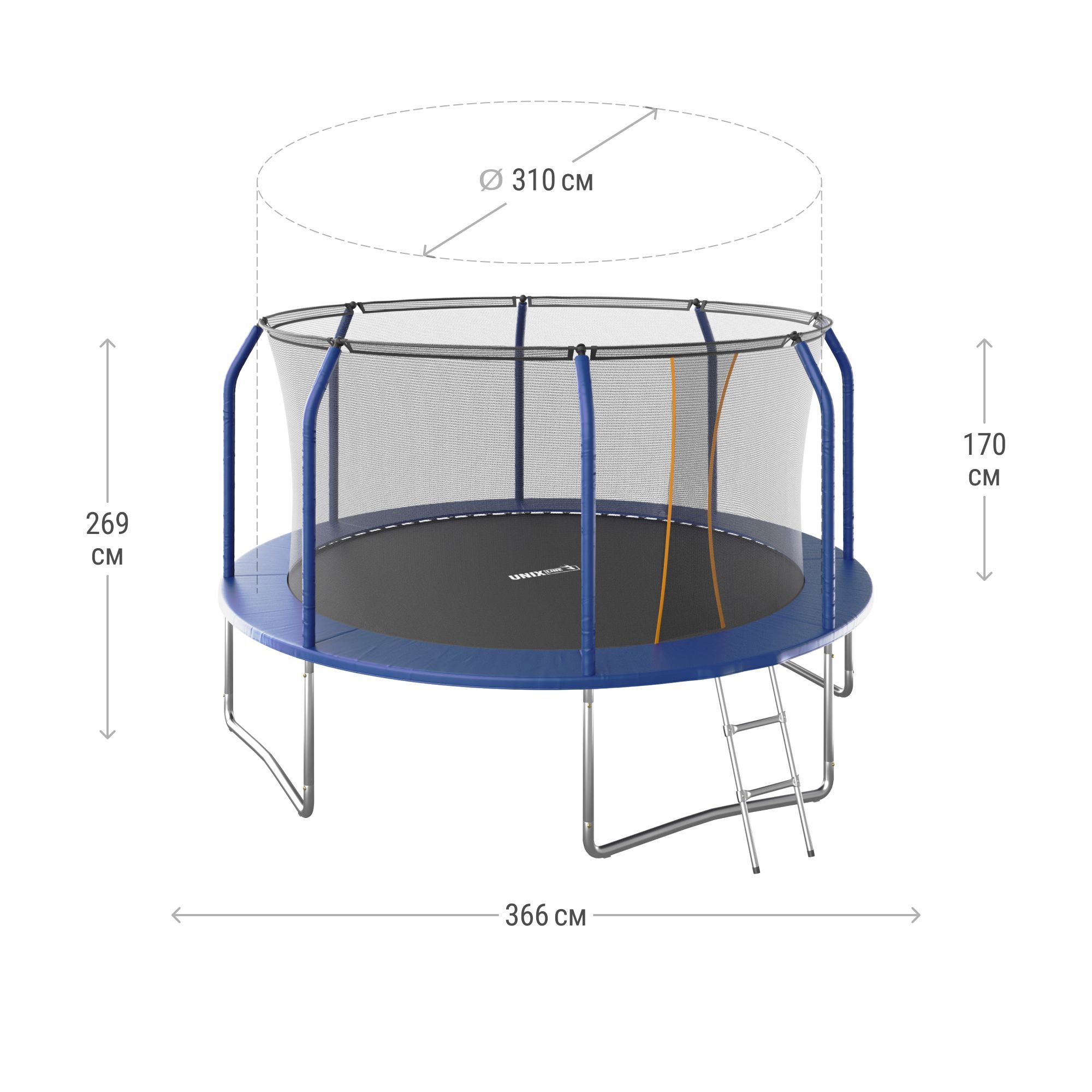 Батут каркасный supreme basic UNIX line 12 ft Blue диаметр 366 см вес до 150 кг диаметр прыжковой зоны 310 см - фото 3
