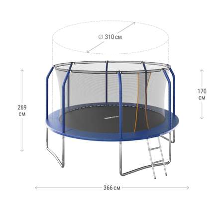 Батут каркасный supreme basic UNIX line 12 ft Blue диаметр 366 см вес до 150 кг диаметр прыжковой зоны 310 см