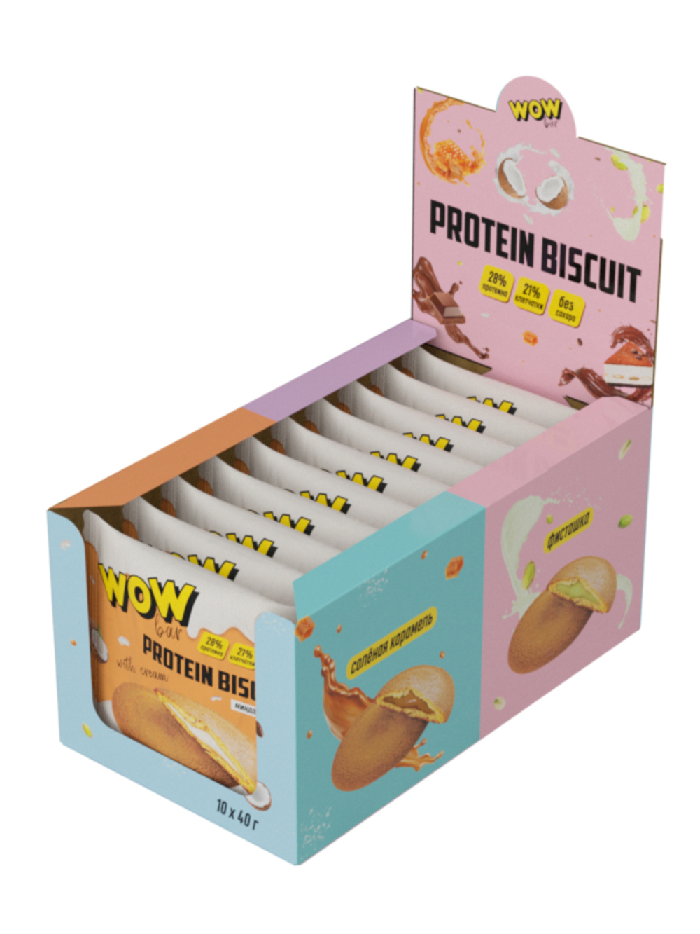 Протеиновое печенье Prime Kraft WOWBAR PROTEIN BISCUIT с кремовой начинкой со вкусом «Кокос и миндаль» 10 шт x 40 гр - фото 2