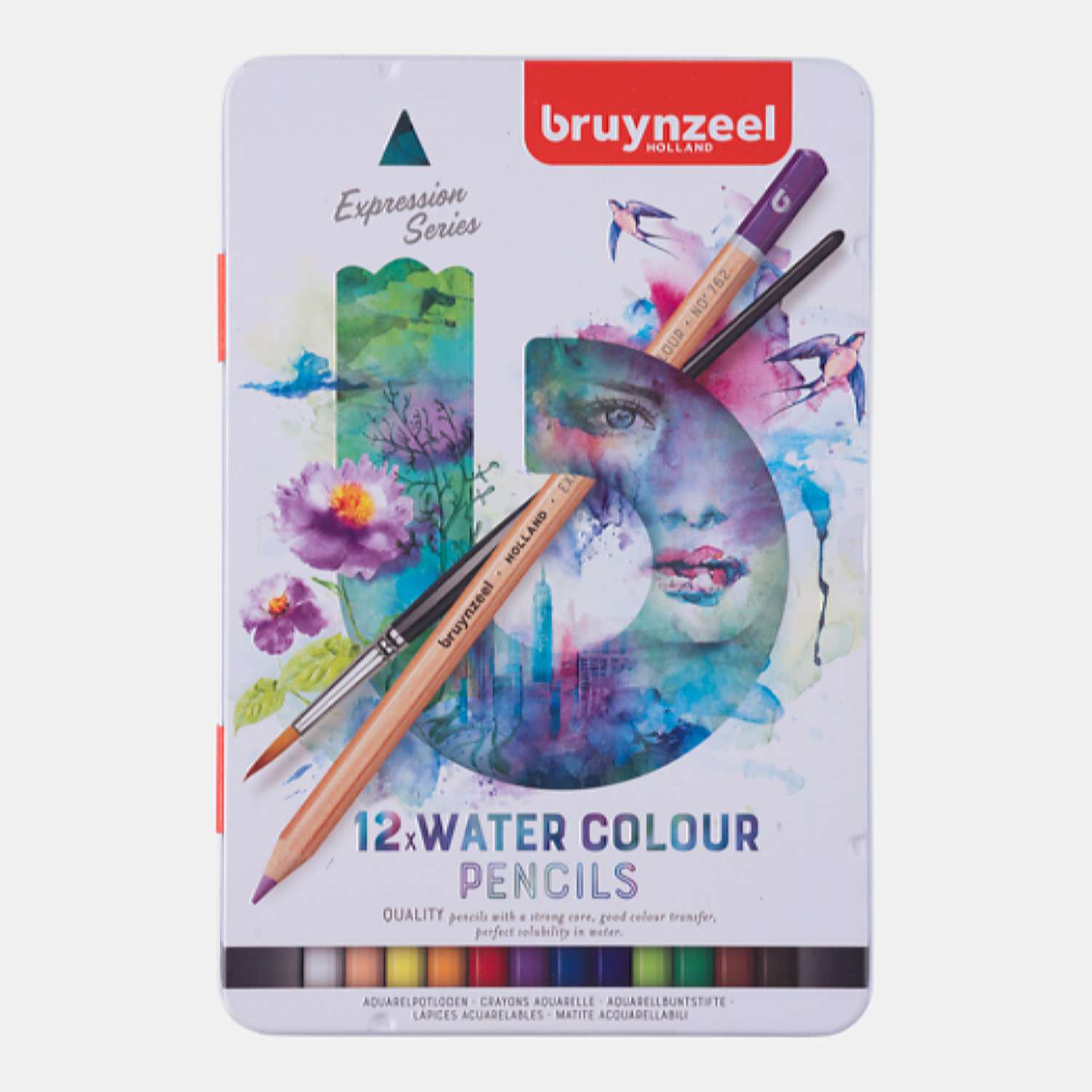 Набор акварельных карандашей BRUYNZEEL Expression Aquarel 12 цветов и кисть в металлическом коробе-пенале - фото 1