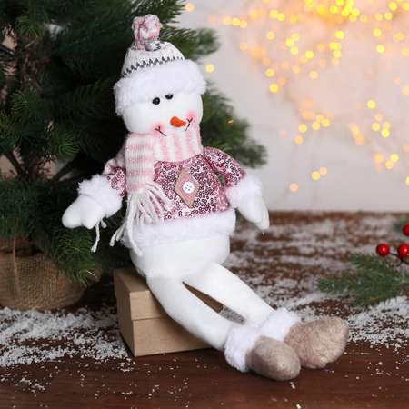 Мягкая игрушка Зимнее волшебство «Снеговик в розовых пайетках-длинные ножки» 11х37 см бело-розовый