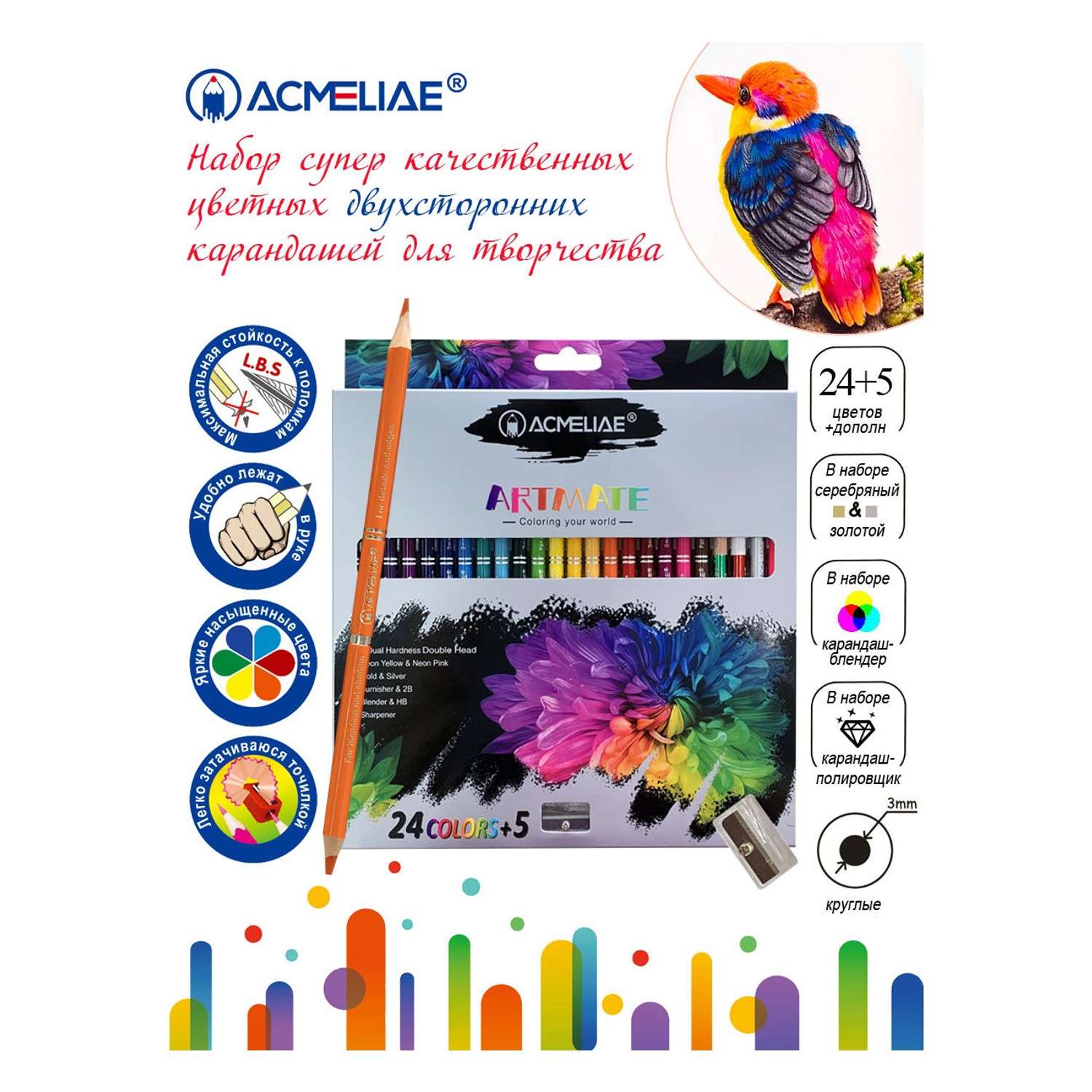 Карандаши цветные ACMELIAE двусторонние трехгранные 24 штуки 48 цветов и точилка в картонном футляре - фото 2