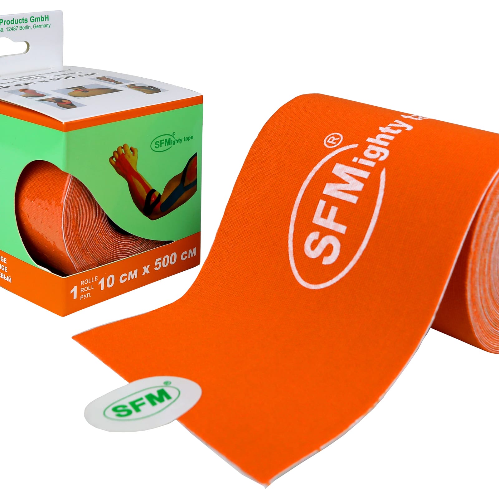Кинезиотейп SFM Hospital Products Plaster на хлопковой основе 10х500 см оранжевого цвета в диспенсере с логотипом - фото 2