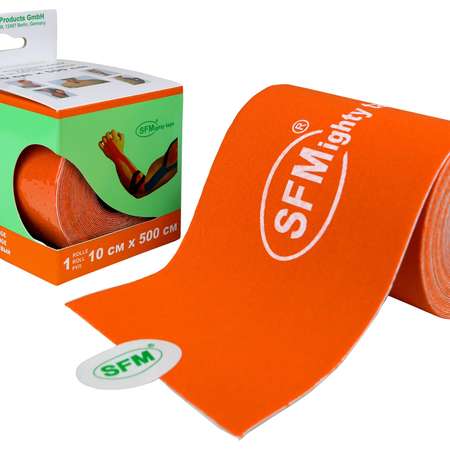 Кинезиотейп SFM Hospital Products Plaster на хлопковой основе 10х500 см оранжевого цвета в диспенсере с логотипом
