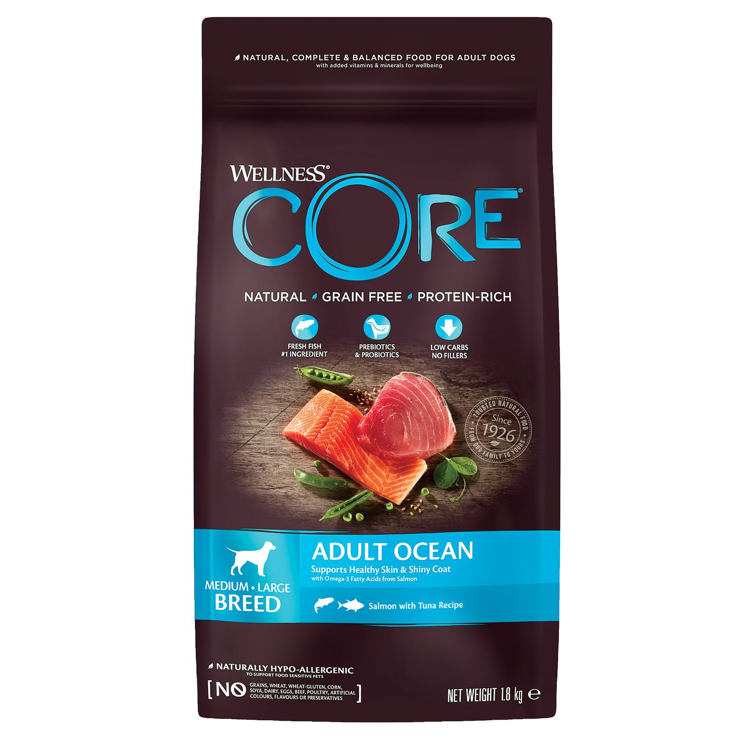 Сухой корм для собак Wellness CORE 1.8 кг лосось, тунец (для домашних, полнорационный) - фото 1