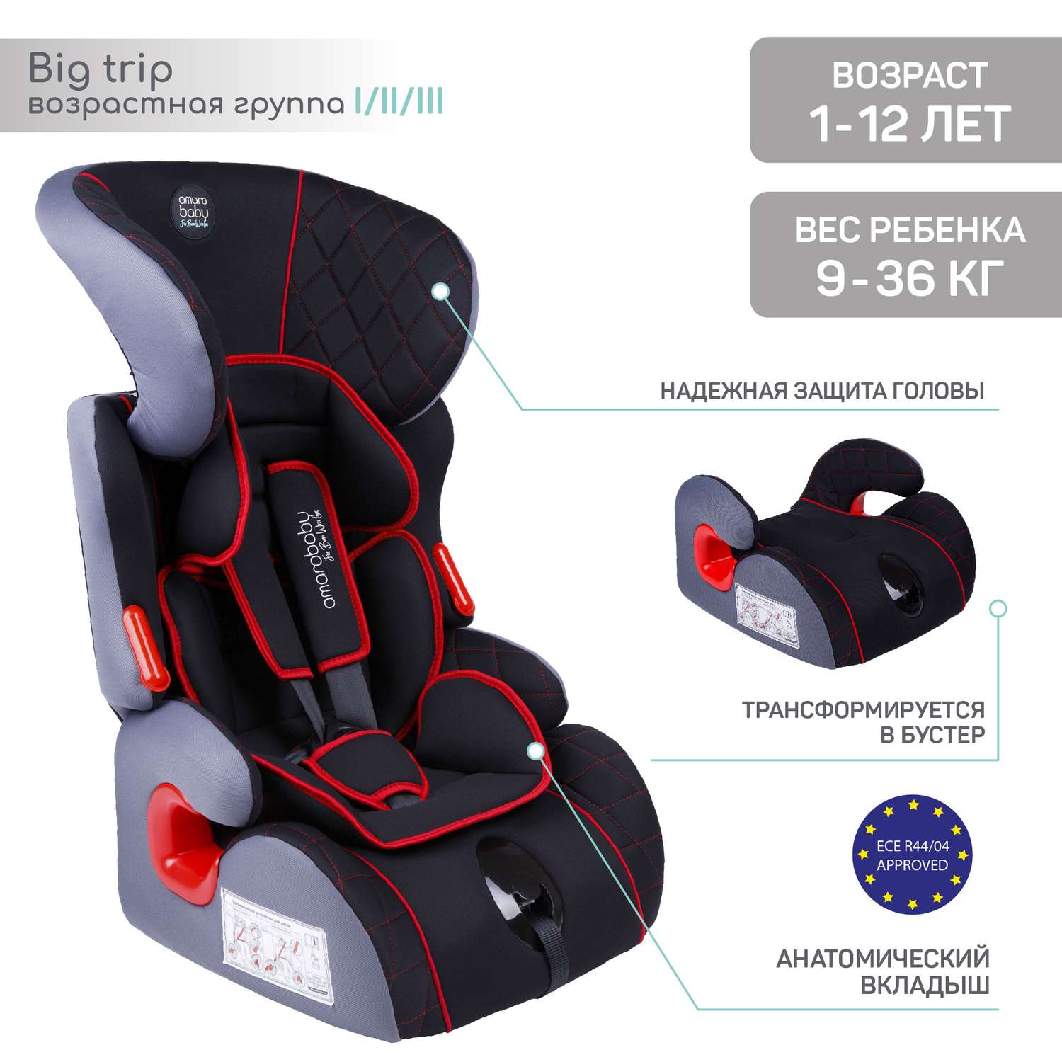 Автокресло Amarobaby Big trip I/II/III Черный-Красный - фото 2