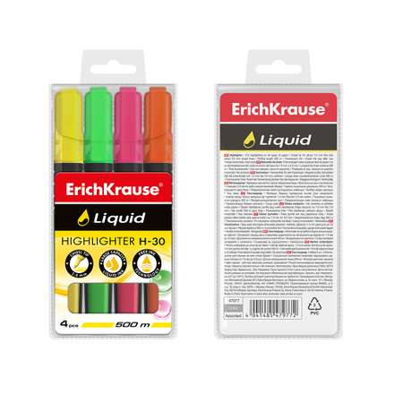 Текстмаркер ErichKrause Liquid H 30 цвет желтый зеленый розовый оранжевый 4 шт