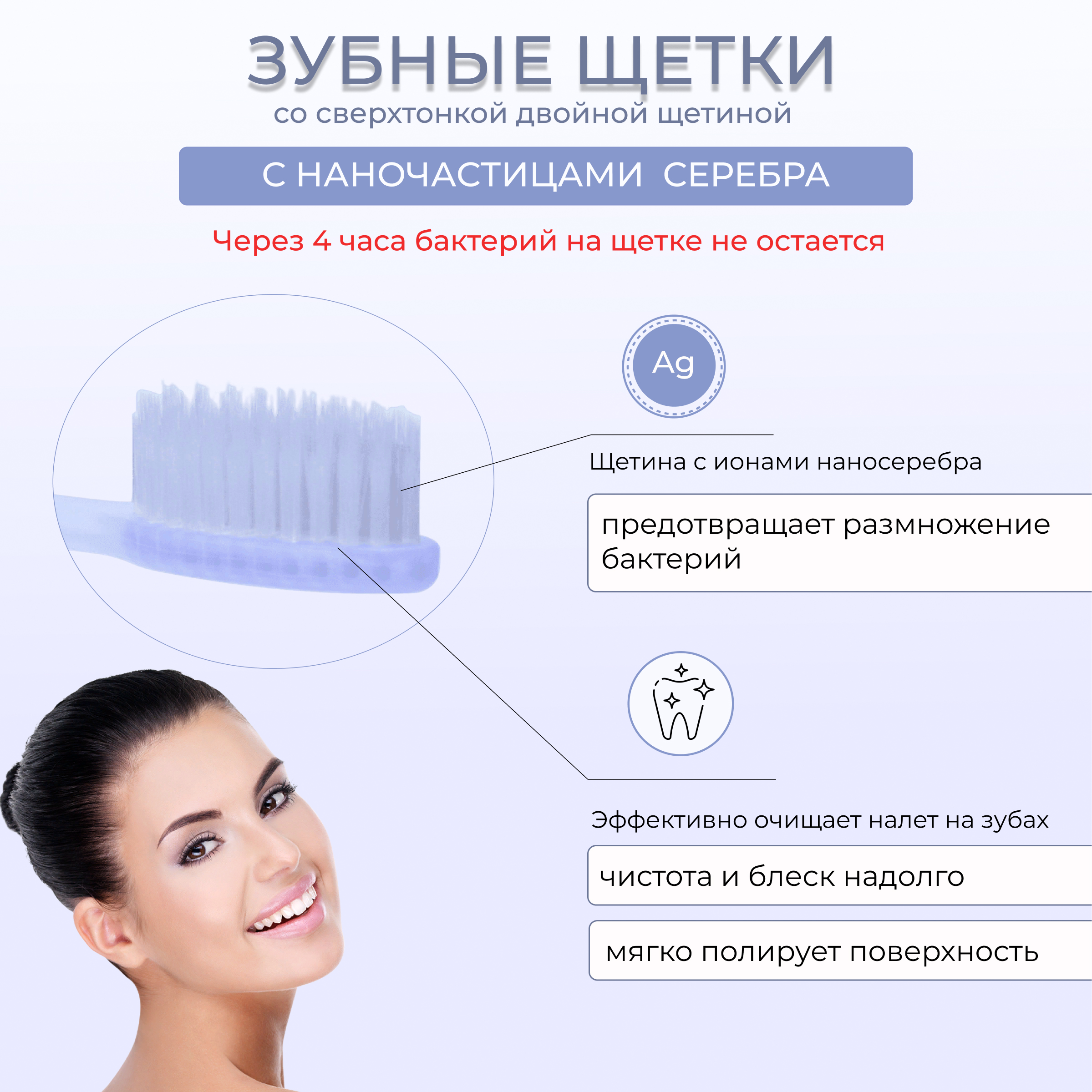 Набор зубных щеток DENTAL CARE c частицами серебра сверхтонкой двойной средней жесткости и мягкой щетиной 4шт - фото 3