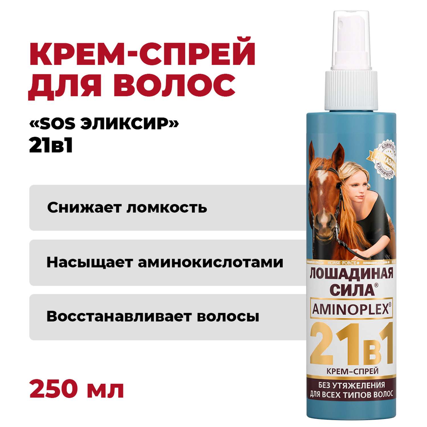 Крем-спрей 21в1 для волос Лошадиная сила с термозащитой для укладки несмываемый 250мл - фото 1
