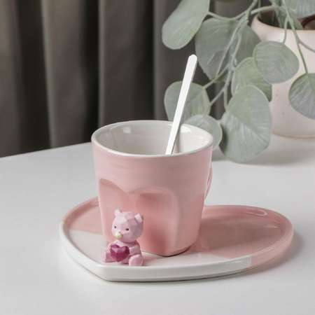 Кофейная пара Sima-Land Мишка с сердцем стакан блюдце ложка цвет розовый