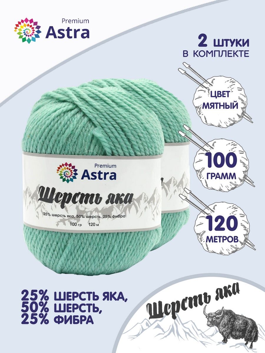 Пряжа Astra Premium Шерсть яка Yak wool теплая мягкая 100 г 120 м 02 мятный 2 мотка - фото 1