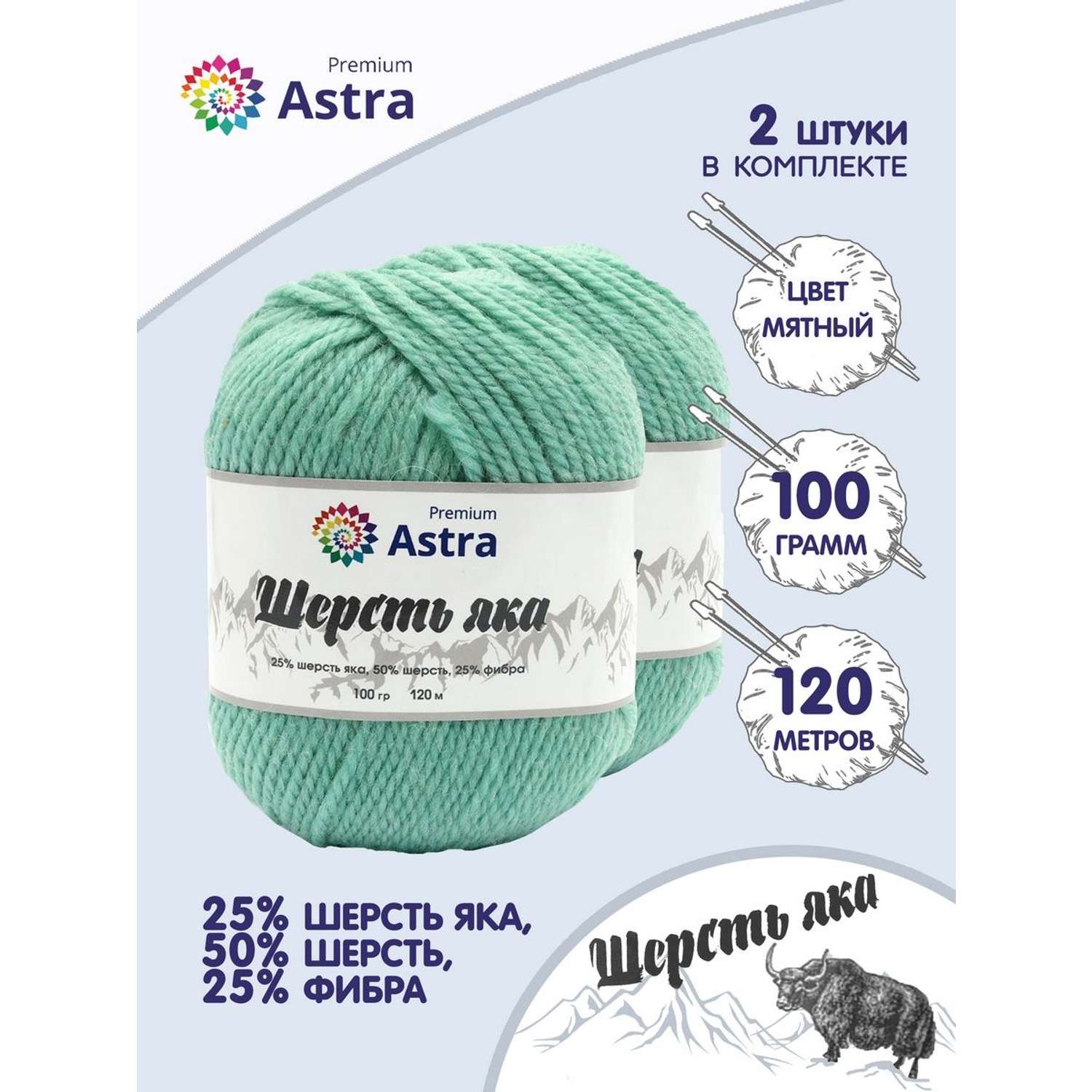 Пряжа Astra Premium Шерсть яка Yak wool теплая мягкая 100 г 120 м 02 мятный 2 мотка - фото 1
