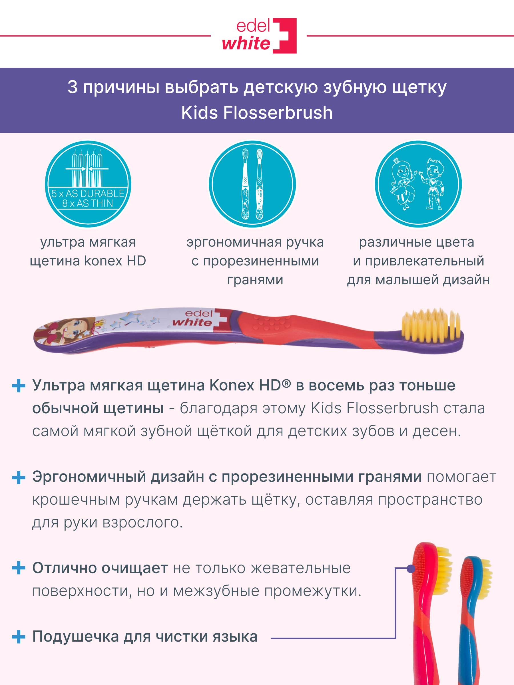 Детская зубная щетка edel+white Flosserbrush Ультрамягкая с защитным колпачком От 0 до 8 лет - фото 3