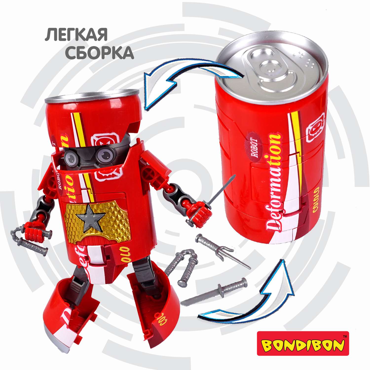 Трансформер BONDIBON BONDIBOT 2 в 1 банка - робот Самурай с оружием красного цвета - фото 6