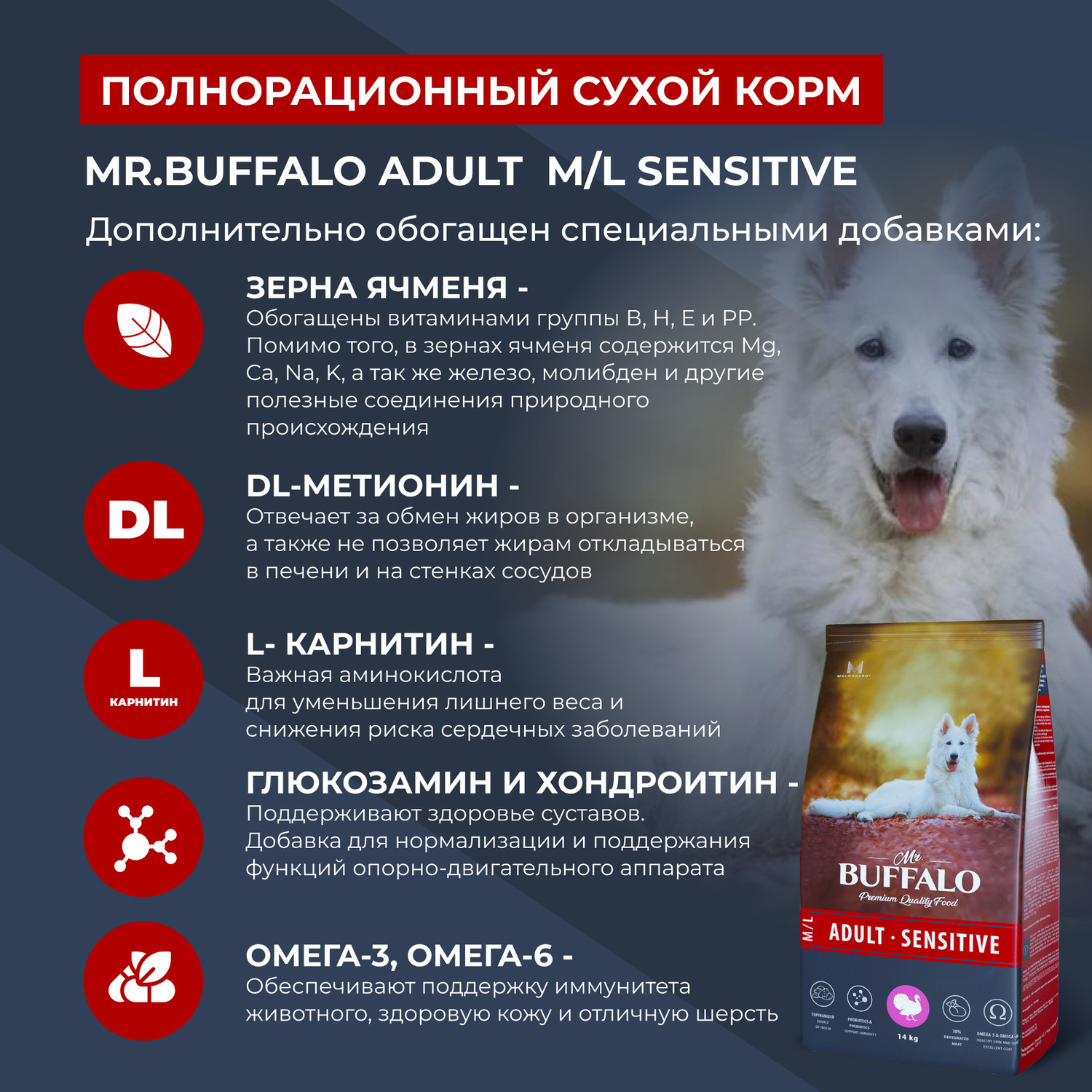 Корм для взрослых собак Mr.Buffalo Adult Sensitive средних и крупных пород с чувствительным пищеварением с индейкой сухой 14кг - фото 4