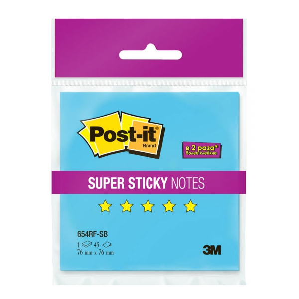 Стикеры Post-it 3M 654RF-SB суперклейкие неоновый голубой 76х76мм 45л - фото 1