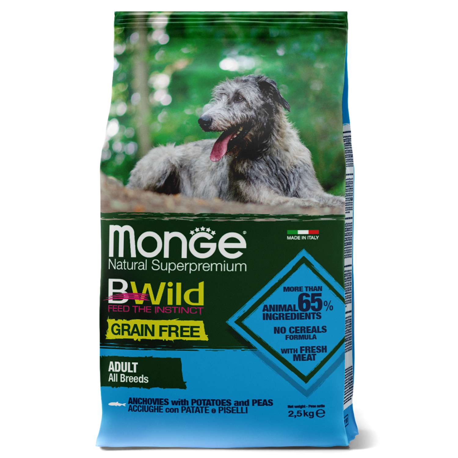 Корм для собак MONGE BWild Grain free из анчоуса c картофелем и горохом 2.5кг - фото 1