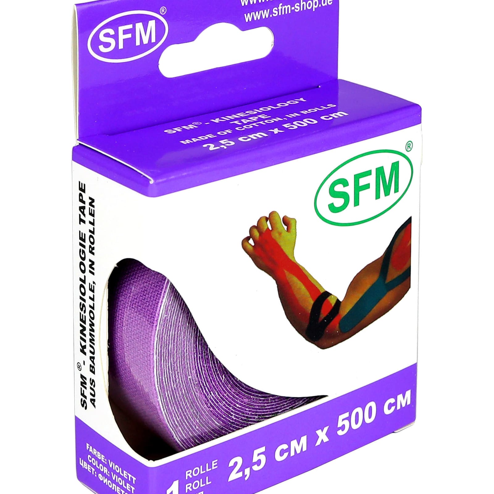 Кинезиотейп SFM Hospital Products Plaster на хлопковой основе 2.5х500 см фиолетового цвета в диспенсере - фото 1