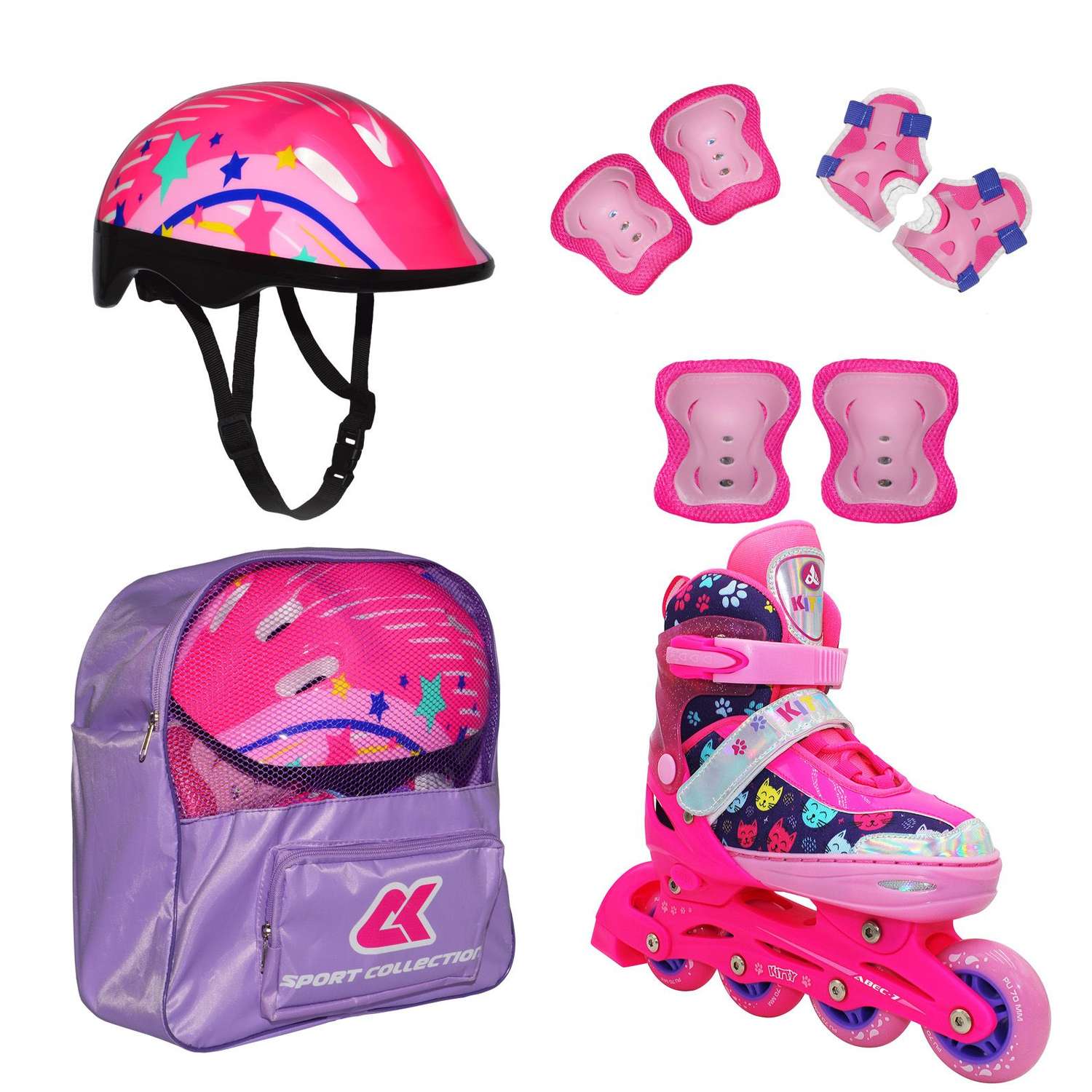 Набор роликовые коньки Sport Collection раздвижные Set Kitty Pink шлем и набор защиты в сумке размер S 29-32 - фото 1