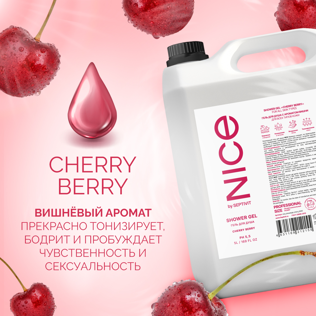 Гель для душа NICE by Septivit Cherry Berry 5л купить по цене 1049 ₽ в  интернет-магазине Детский мир