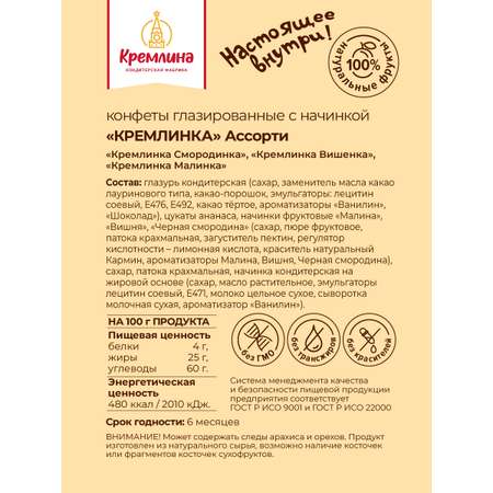 Конфеты с джемом в глазури Кремлина Вишенка Малинка и Смородинка пакет 1 кг