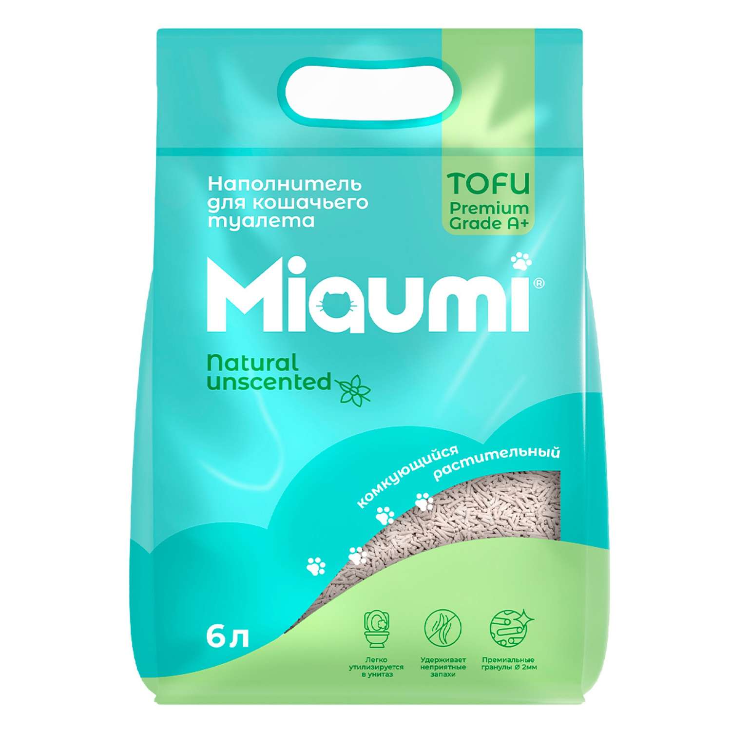 Наполнитель для кошачьего туалета Miaumi TOFU Natural Unscented Тофу комкующийся растительный без ароматизатора 6л - фото 1