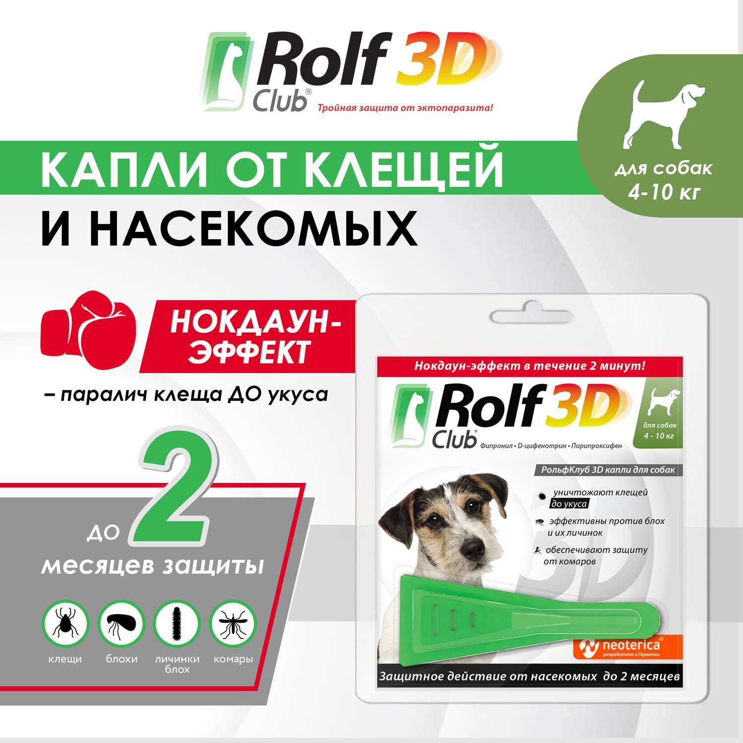 Капли для собак RolfClub3D 4-10кг от блох и клещей 0.8мл - фото 2