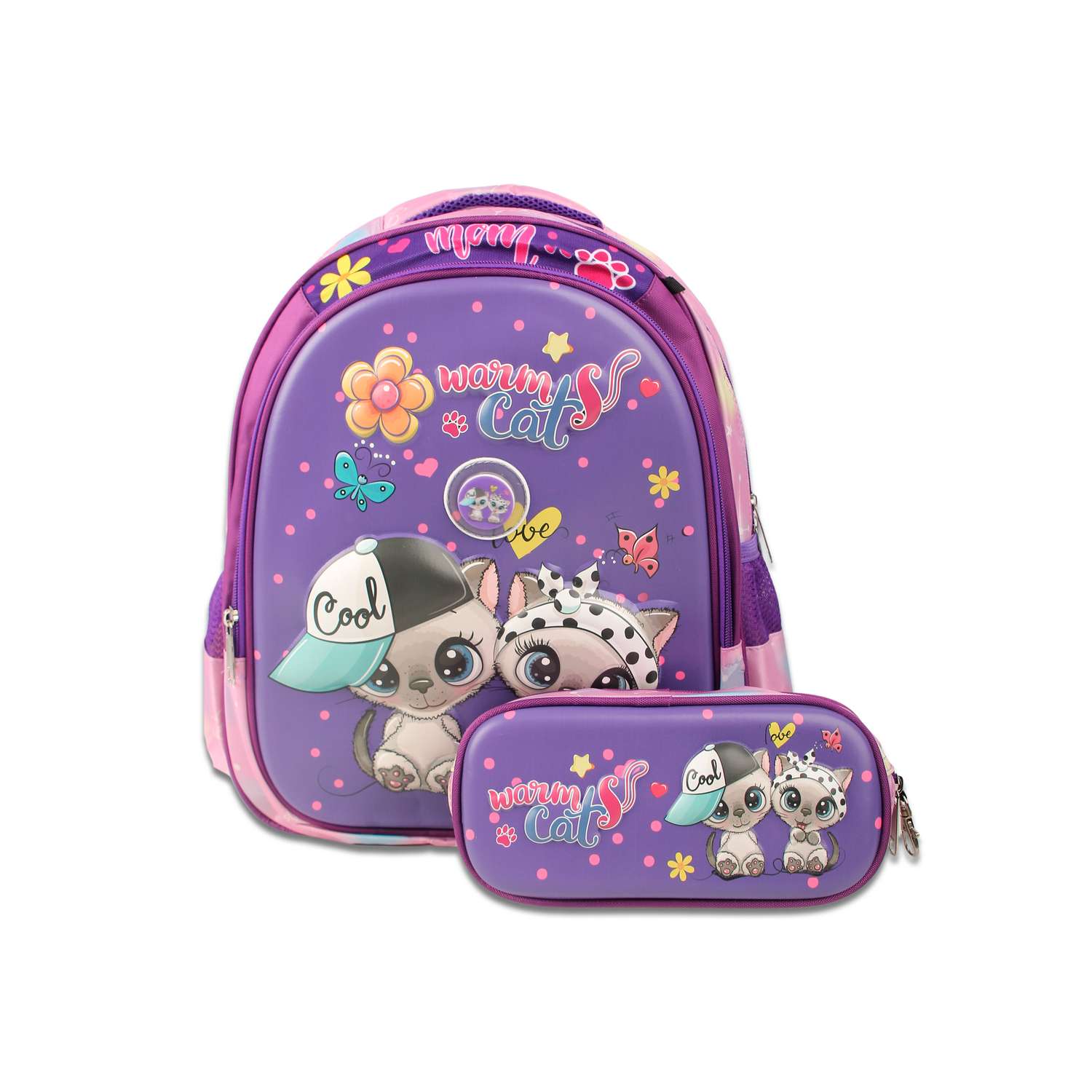 Рюкзак школьный с пеналом Little Mania Кошки фиолетовый - фото 1