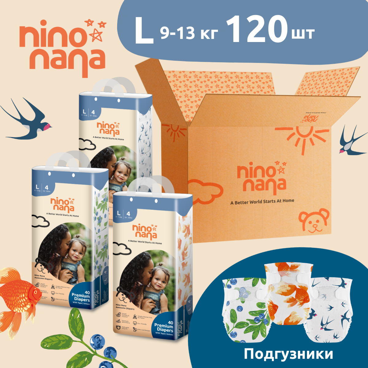 Коробка Подгузников Nino Nana L 9-13 кг. 120 шт. - фото 1