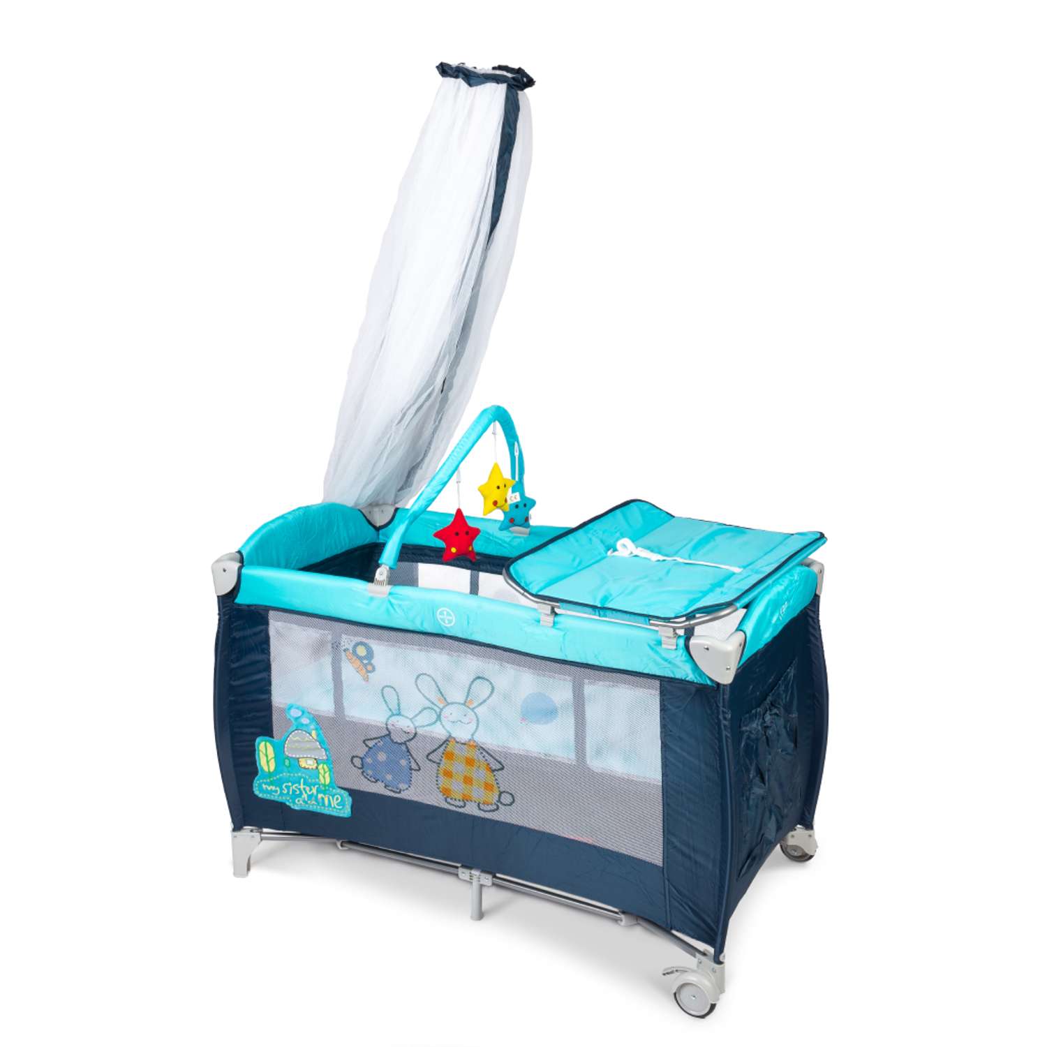Складной детский манеж-кровать Solmax с мягким матрасом на колесиках синий HW97979 HW97979 - фото 14