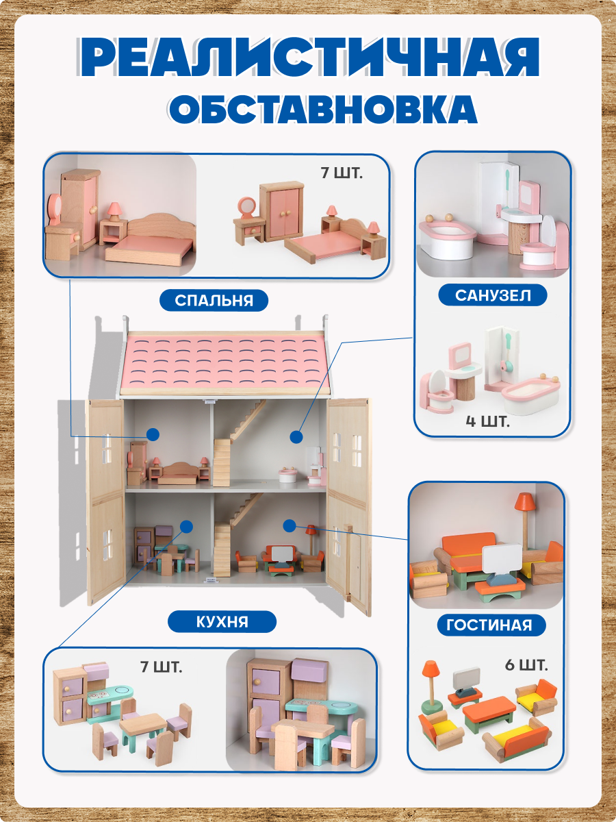 Кукольный домик Зайка любит Большой кукольный домик с мебелью из натурального дерева для кукол 2 этажа MSN21021 - фото 4