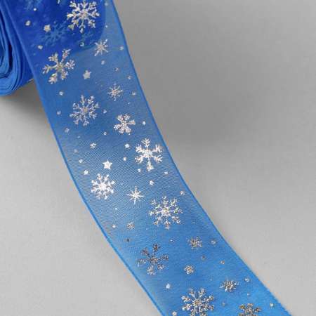 Лента Арт Узор капроновая с тиснением «Снежинки». 25 мм×23 ± 1 м. цвет синий/серебряный №040