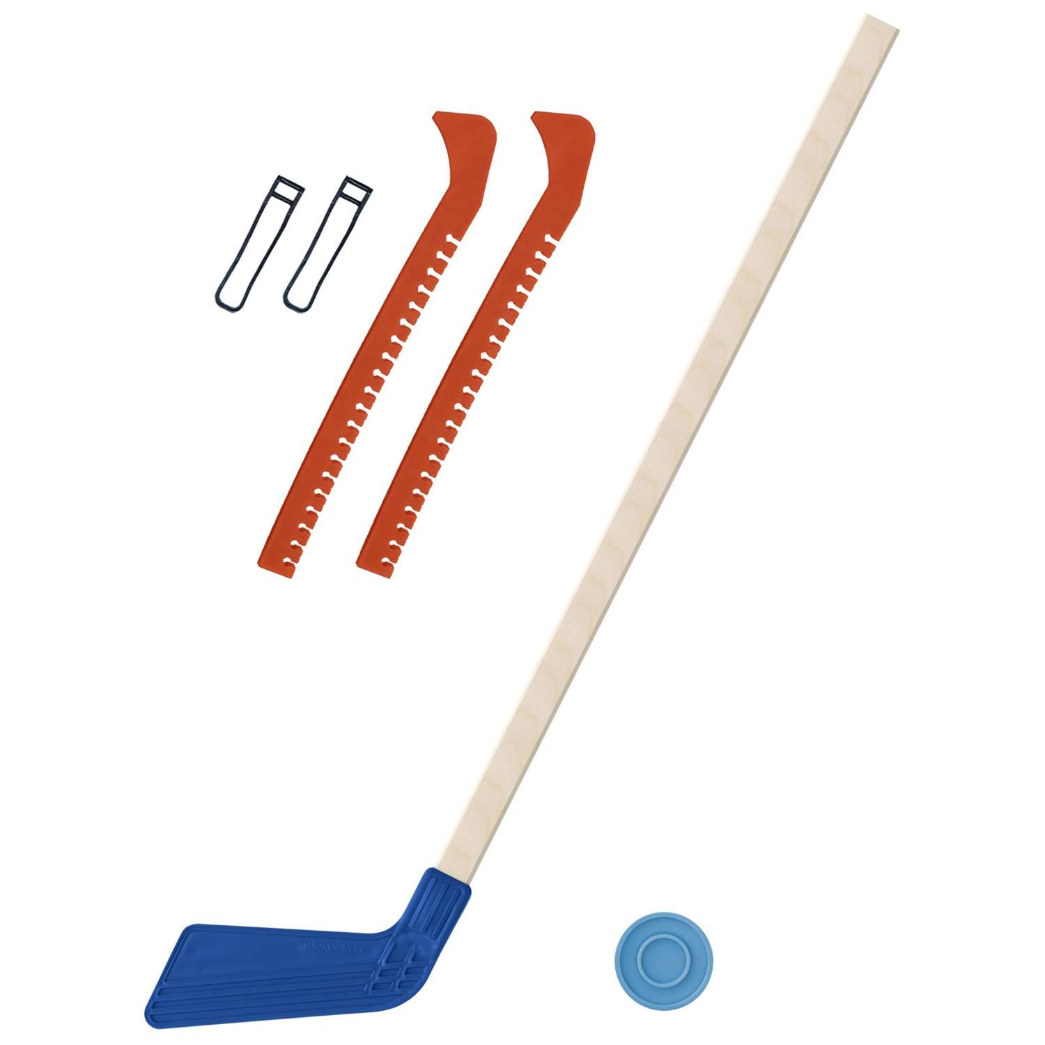 Набор для хоккея Задира Клюшка хоккейная детская синяя 80 см + шайба + Чехлы для коньков оранжевые - фото 1