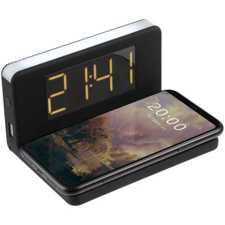 Часы настольные Uniscend с беспроводным зарядным устройством Pitstop черные